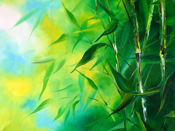 RUSTLE OF LEAVES - Bamboo thickets. Forest landscape. Nature of Asia. Green leaves. Abstract background. Jungle. Cane.