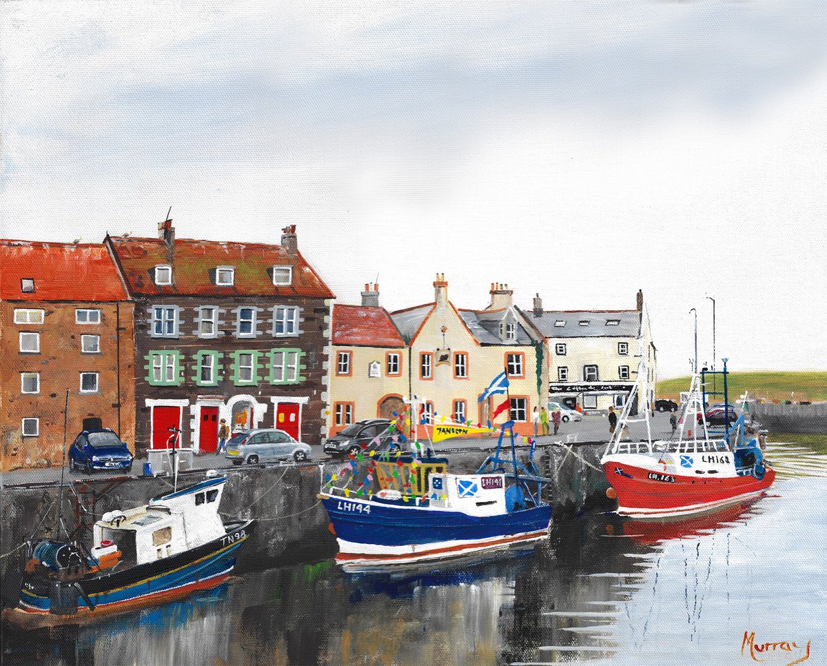 Cityscapes Acrylic Painting By Stephen Murray, 20 X 16", Eyemouth Harbour, Original Artwork