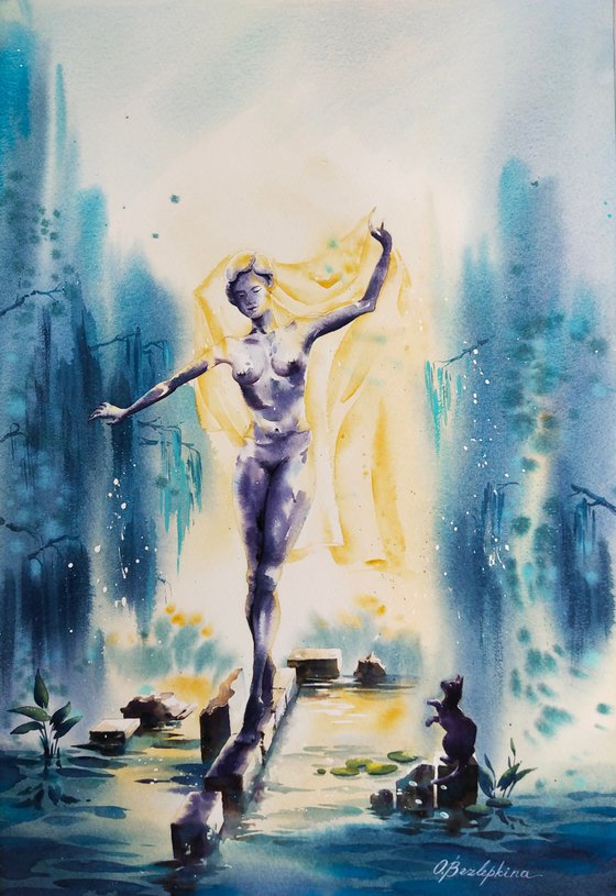 Girl walking on a log - Soviet park sculpture, original watercolor