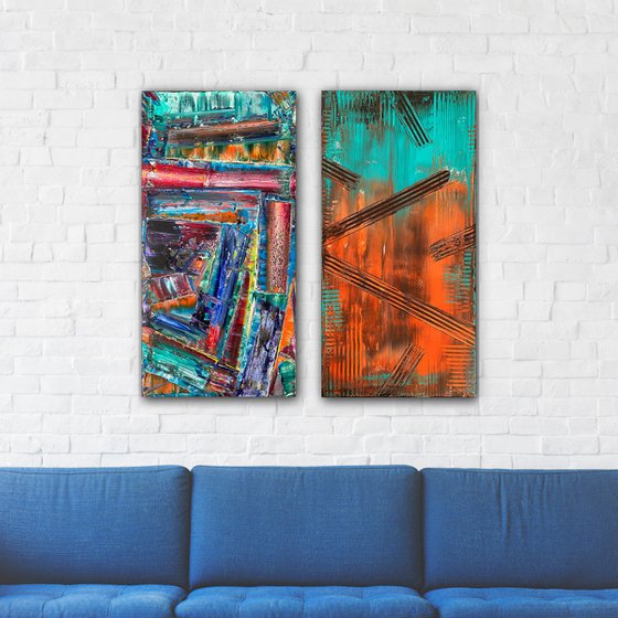 "We Go Together Like Oil and Acrylic" - Save As A Series - Original PMS Abstract Diptych Oil and Acrylic Paintings On Canvas - 36" x 36"