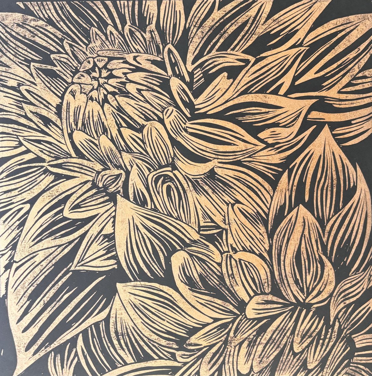 Botanical Linocut By Amy Cundall, 16 X 16, Dahlias, Original Artwork