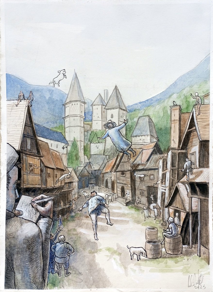 Illustrative Cityscapes Watercolour By Paolo Beneforti, 11 X 15", The Shameful Village, Original Artwork