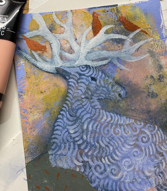 Blue Deer. Acrylic painting on paper, 8 x 10 in