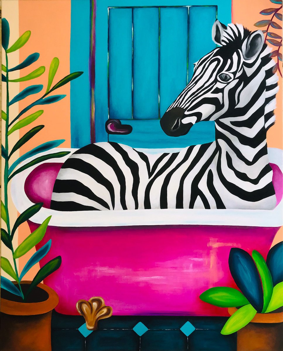 Urban And Pop Animal Acrylic Painting By Christina Bilbili, 31 X 39, Zebra In The Bath, Original Artwork