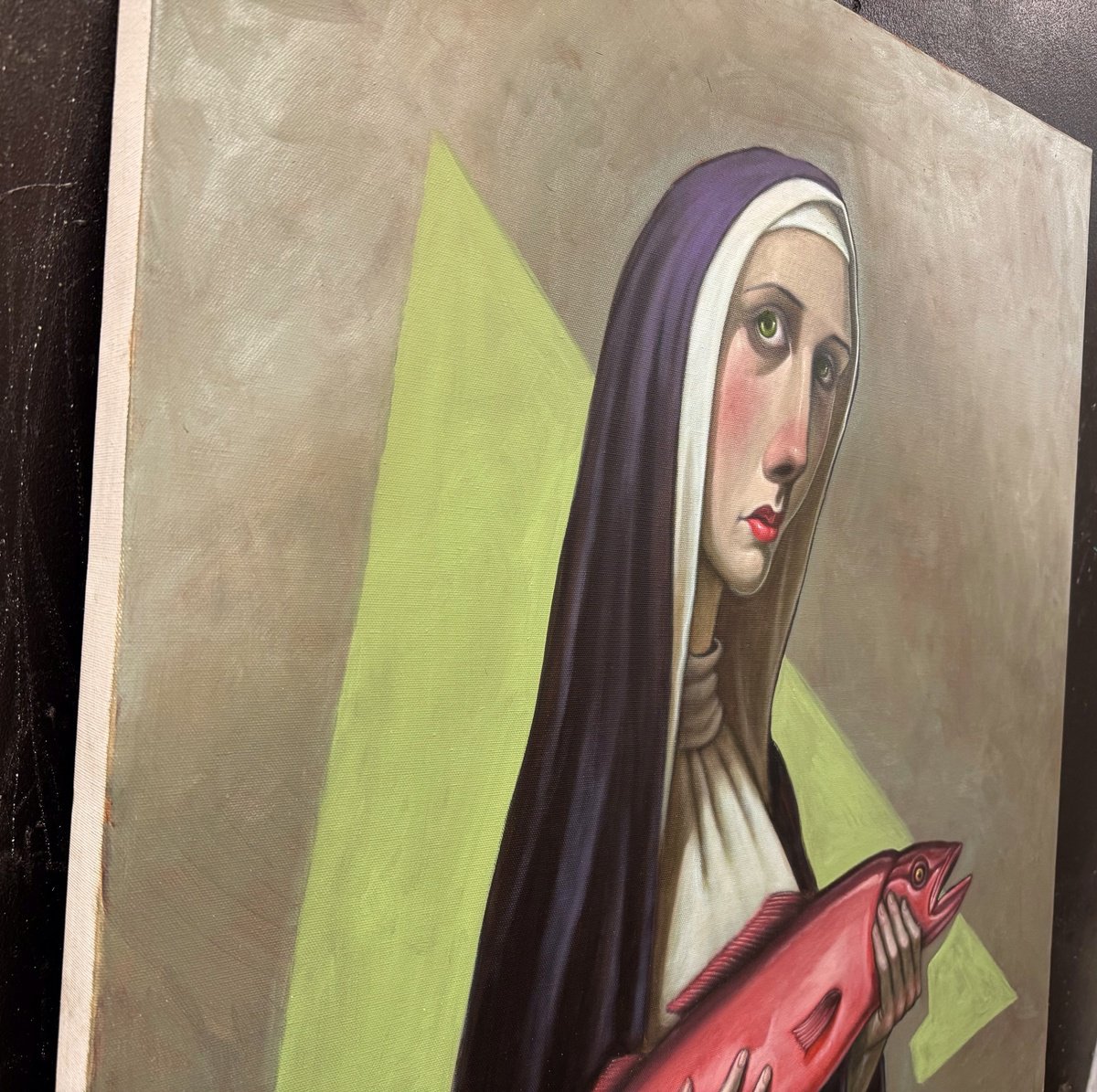 Naive Portrait Oil Painting By Pete Conroy, 30 X 36", A Red Herring, Original Artwork