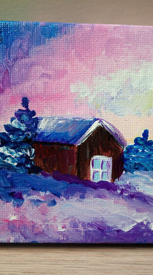 Winter sunset and tiny house. Miniature painting by Oksana Fedorova