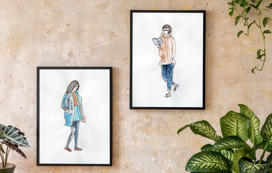 Set of 2 sketches with people - stylish girls