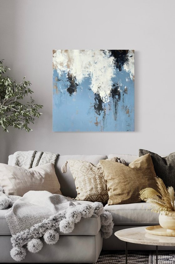 BLUE DAY - 70 x 70 CM - ABSTRACT PAINTING ON CANVAS * BLUE* WHITE * BLACK