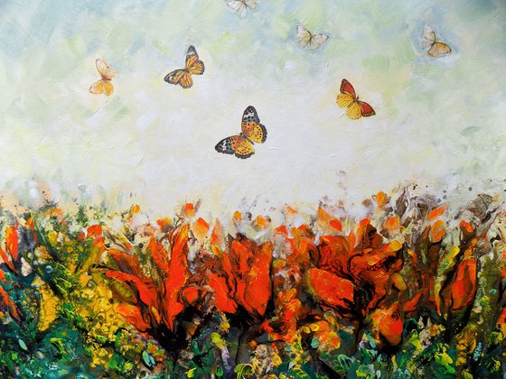 Red flowers and butterflies