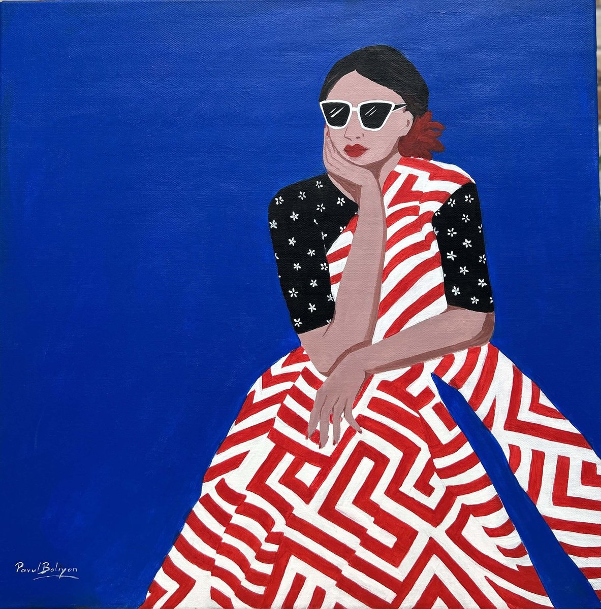 Original POP Art - Red Stripes Saree Pop Art Indian painting, Modern Asian painting by Parul Baliyan