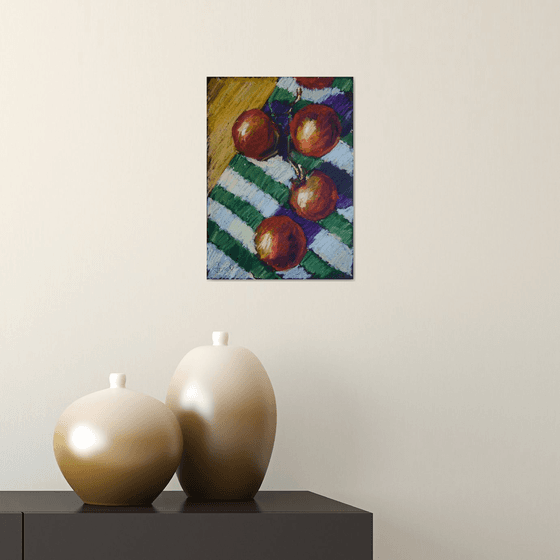 Summer tomatoes. Home isolation series. Oil pastel painting. original small veggies red still life home decor interior gift provence