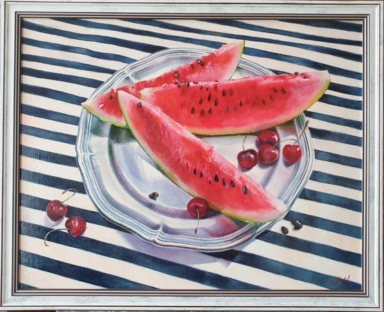 "Help yourself. "  still life summer watermelon liGHt original painting  GIFT (2021)