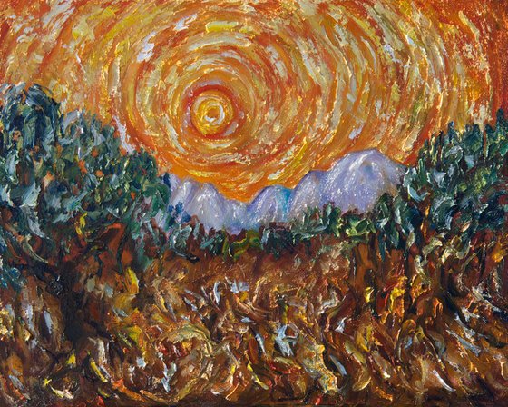 Trees, Yellow Sky and Sun Inspired by Vincent Van Gogh's Painting  20""X16"X0.5"