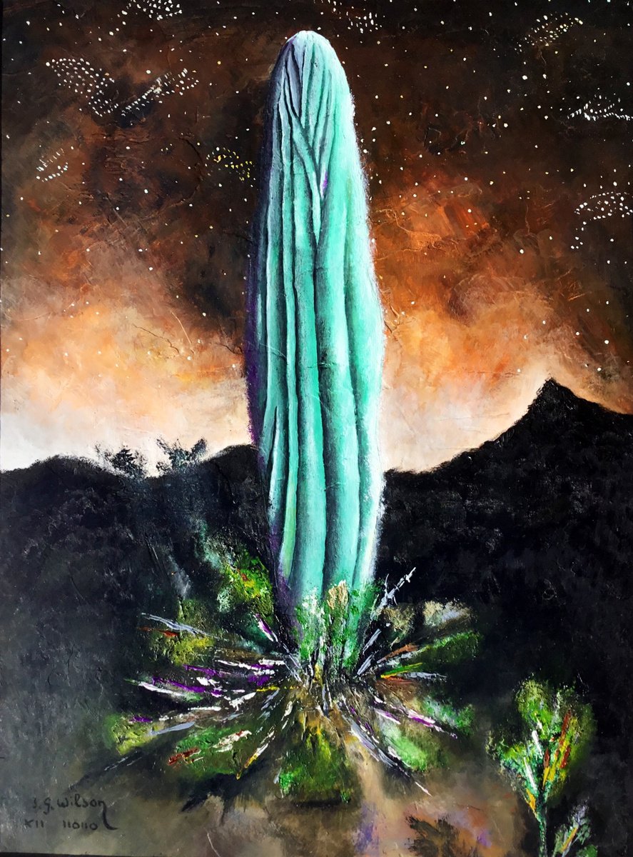 Landscape Oil Painting By Jg Wilson, 13 X 17, Saguaro At Night, Original Artwork