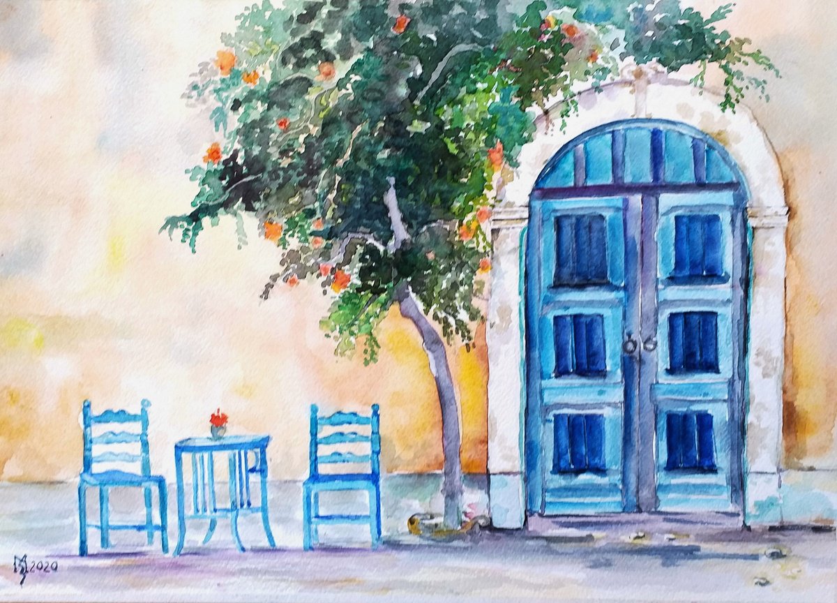 Impressionistic Cityscapes Watercolour By Zoran Mihajlovic Muza, 16 X 11", Greek Door, Original Artwork