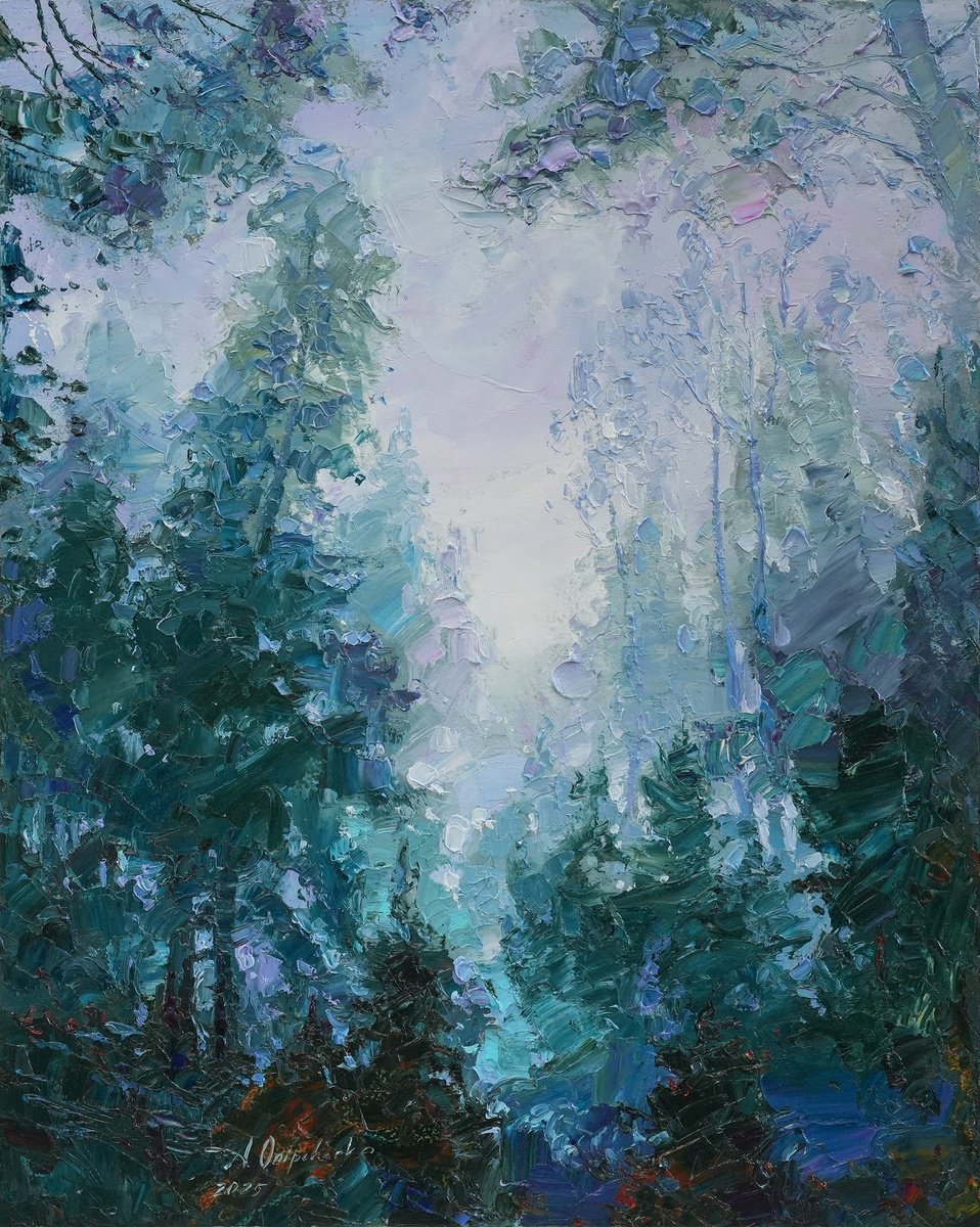 Impressionistic Landscape Oil Painting By Alisa Onipchenko-Cherniakovska, 16 X 20, Foggy Forest, Original Artwork
