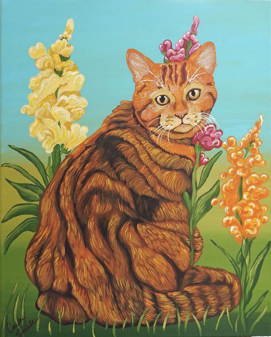 Orange Tabby Cat-Acrylic Gouache-16 x 20 Stretched Canvas-Carla Smale