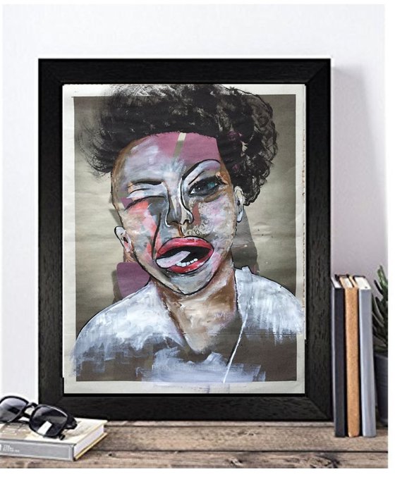 Tongue In Cheek Acrylic on Newspaper Face Art Woman Portrait Red Lips 37x29cm Gift Ideas Original Art Modern Art Contemporary Painting Abstract Art For Sale Buy Original Art Free Shipping