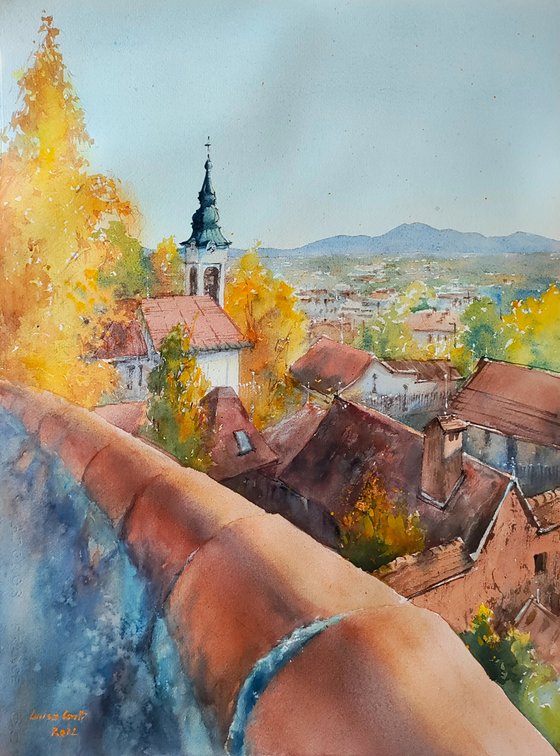 Autumn walk | Original watercolor painting (2022) Hand-painted Art Small Artist | Mediterranean Europe Impressionistic