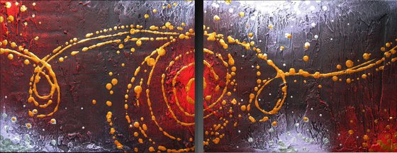 large triptych metallic wall art gold silver abstract original painting galaxy " Cosmic Symphony " diptych canvas purple crimson red - 40 x 16 inche