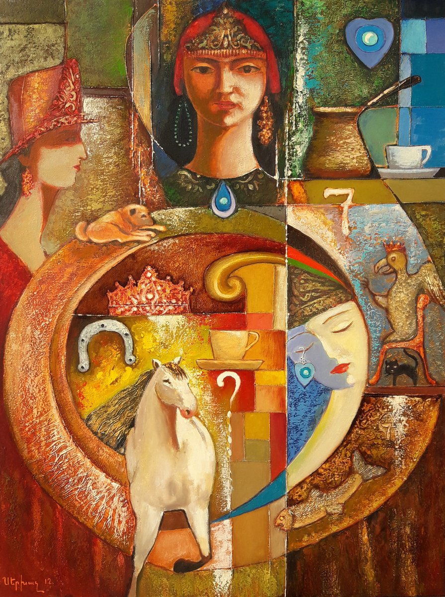Abstract Oil Painting By Sergey Xachatryan, 28 X 39", With A Cup Of Coffee, Original Artwork