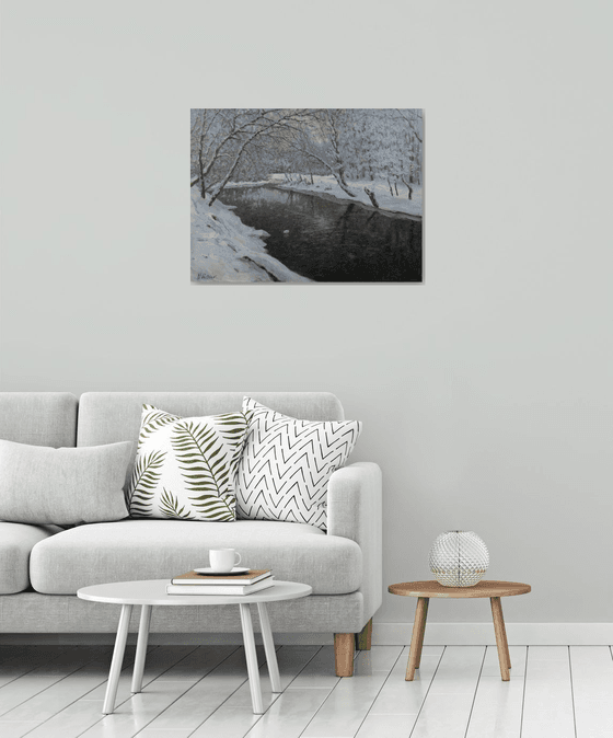The Evening Winter River. Gift, wall art, interior art, interior design, stylish art, present, impressionism, winter, snowy landscape, river