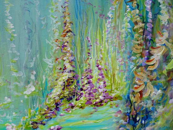 Abstract Landscape "Magic Forest" Painting. Floral Abstract Tropical Flowers and Birds. Original Blue Teal Green Painting on Canvas. Modern Impressionism Art