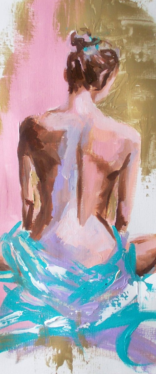 Pink and Gold-Woman Acrylic Painting on Paper by Antigoni Tziora