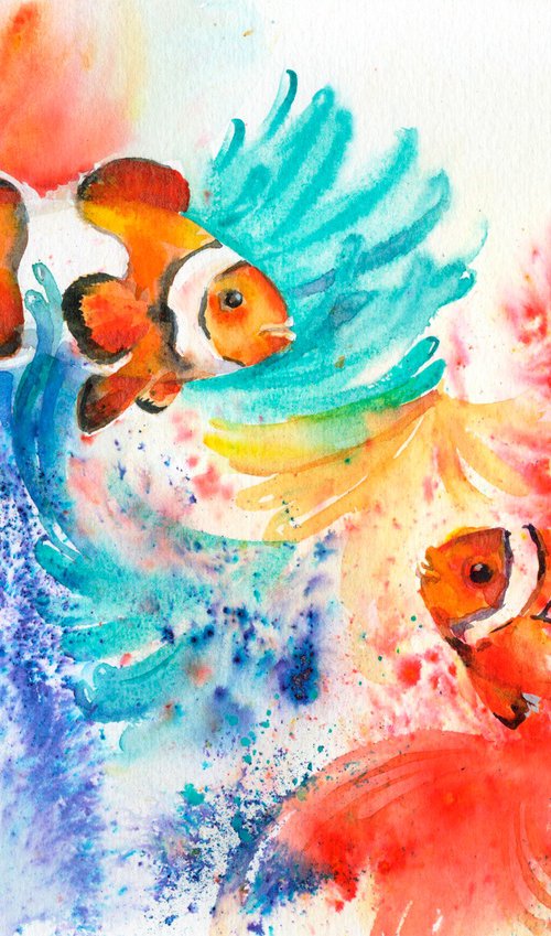 Pair of Clown Fish,  An original watercolour painting by Anjana Cawdell