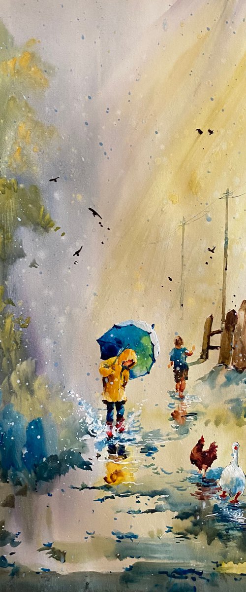 Watercolor "After rain. Childhood joy", perfect gift by Iulia Carchelan