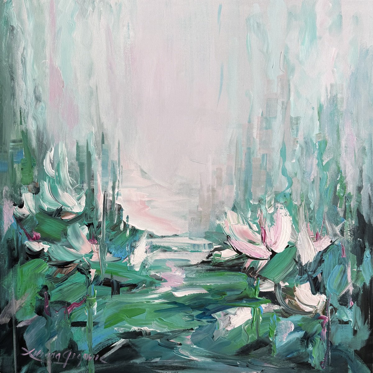 Impressionistic Botanical Acrylic Painting By Liliana Gigovic, 30 X 30", Water Lilies No 197, Original Artwork