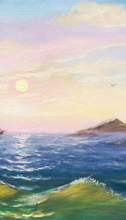 Seascape with a sailboat by Elena Sokolova