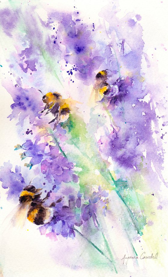 Bumble bee painting, Floral art, wildlife painting, original watercolour, watercolor, bumble bees on lavender