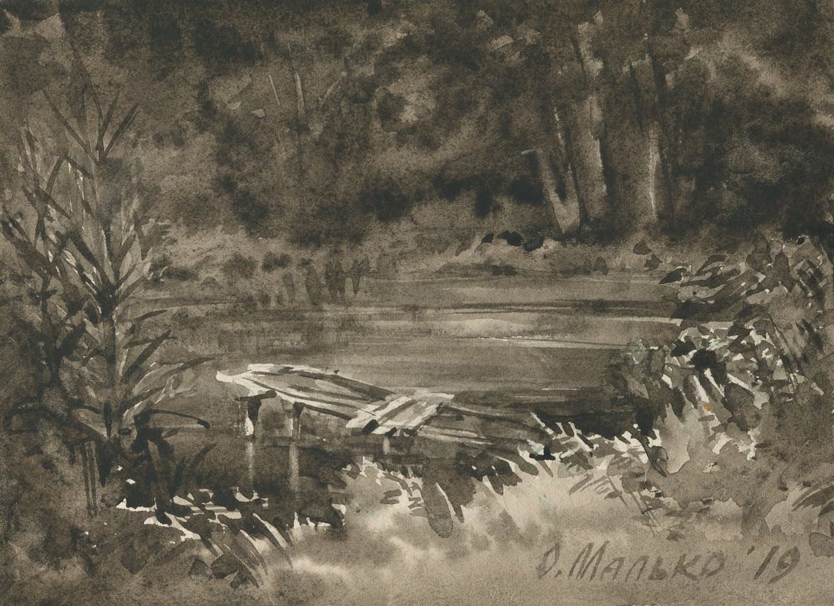 Evening pond / Black white watercolor Monochrome landscape by Olha Malko