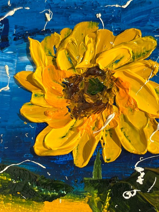 Sunflower Painting Floral Original Art Wheat Field Small Oil Impasto Flower Artwork Home Wall Art 6 by 8" by Halyna Kirichenko