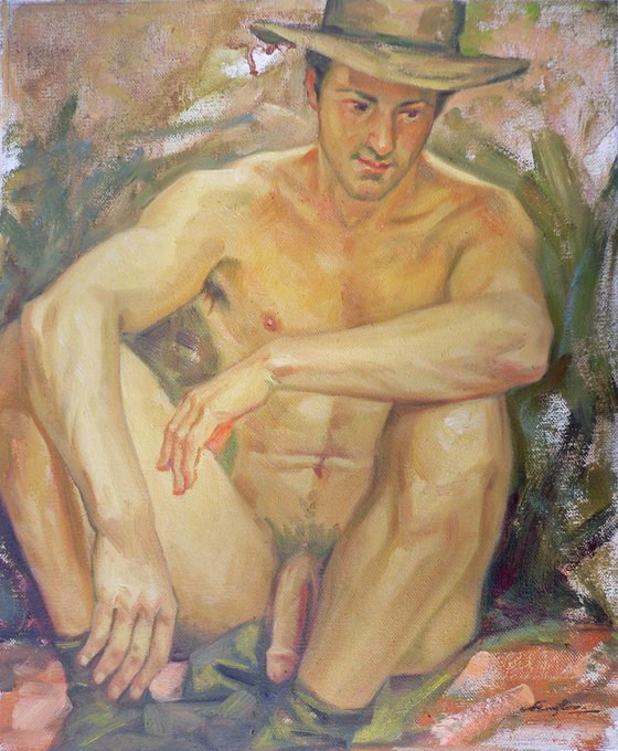 original oil painting impression art male nude cowboy  on linen #16-2-21-01