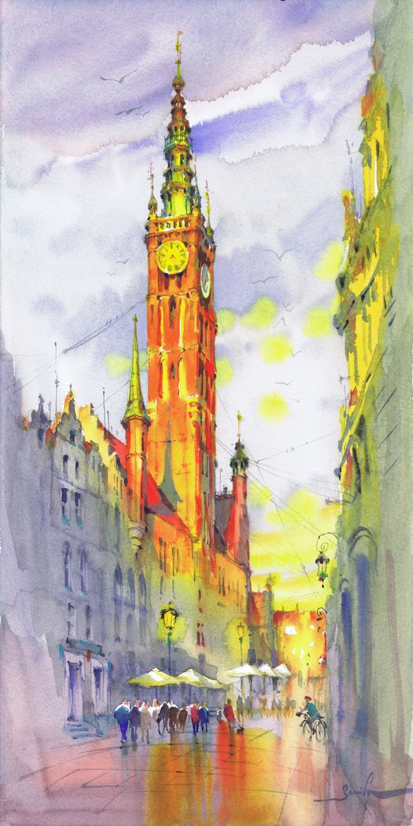 Expressive Cityscapes Watercolour By Samira Yanushkova, 8 X 16", Skylines And Shadows, Original Artwork
