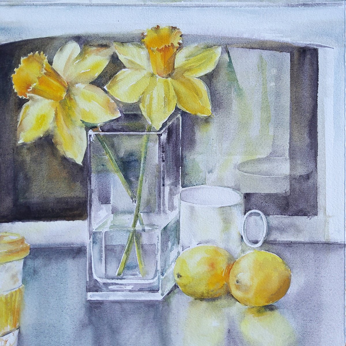 Impressionistic Still Life Watercolour By Anjana Cawdell, 15 X 15, Daffodils &Amp; Lemons, Original Artwork