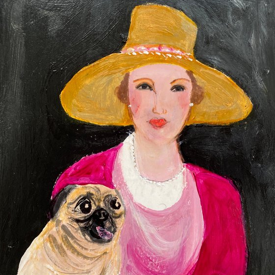 Woman pug dog framed