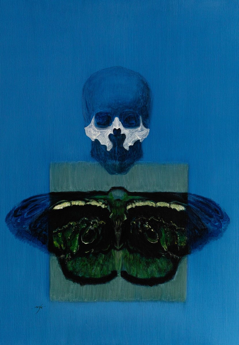 Surrealistic Portrait Oil Painting By Maxence Ma, 30 X 39", Masked Ball - Blue, Original Artwork