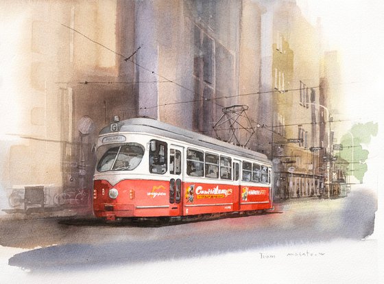 Red and White Tram - 40x30cm Watercolor