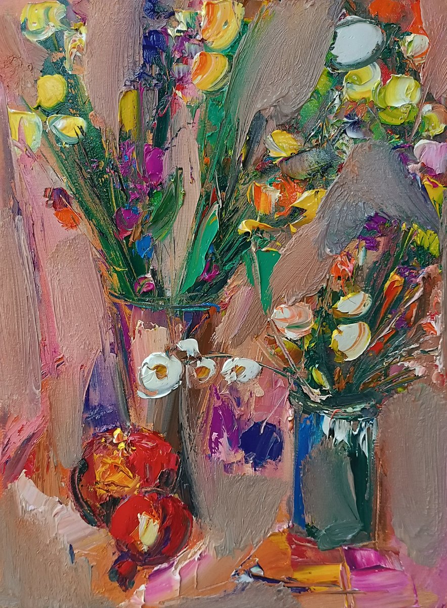 Impressionistic Botanical Oil Painting By Vlas Ayvazyan, 12 X 16", Still Life With Flowers And Pomegranate, Original Artwork