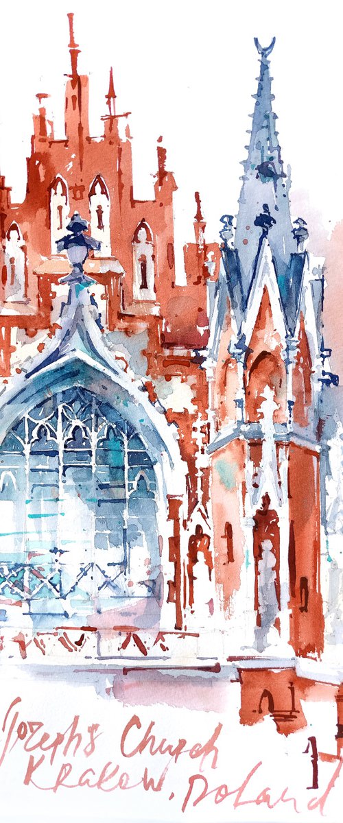 "Church of St. Joseph in Krakow, Poland" architectural landscape - Original watercolor painting by Ksenia Selianko