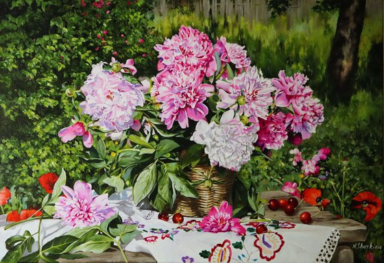 Peonies and Cherries in Summer Garden