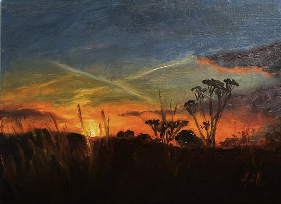 Sunset Impressionist countryside landscape.