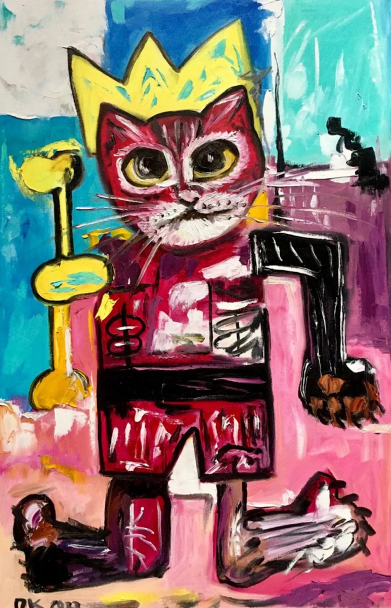 Expressive Animal Oil Painting By Olga Koval, 18 X 28", King Cat Troy In A Crown, Original Artwork