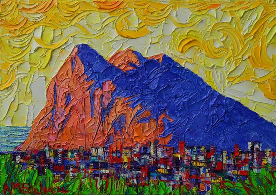 GIBRALTAR THE ROCK contemporary impressionist abstract cityscape impasto palette knife original oil painting