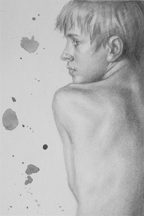 original art charcoal drawing  male  nude boy on paper #16-10-11