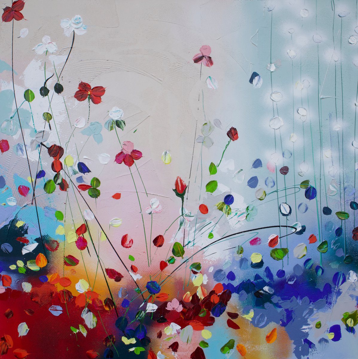 Square acrylic painting with flowers - Phenomena VI - � 90x90cm by Anastassia Skopp