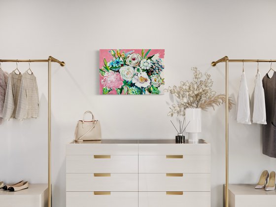 LOVE IS IN THE AIR - 70 X 50 CM - FLORAL PAINTING ON CANVAS * PINK * GREEN